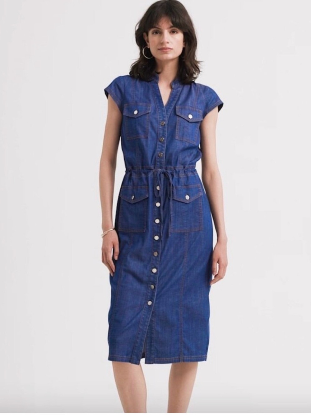 WHBM Button Down Drawstring Utility Tencel Denim Midi Dress